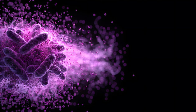 Microscopic rod shaped bacteria with glowing particle aura. Microbiology research and cellular infection concept. Violet microscopic microbes dispersing spores against black void background