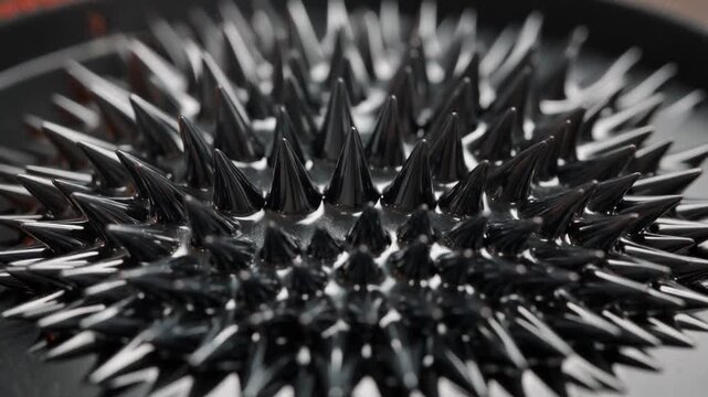 Discover the fascinating scientific phenomenon of ferrofluid reacting to a magnetic field, creating captivating spiked formations that exhibit unique textural and visual qualities for dynamic