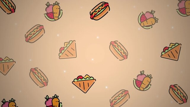 Fast food healthy snacks cartoon pattern background with hot dogs, sandwiches, and fruits for culinary and diet video motion graphics.