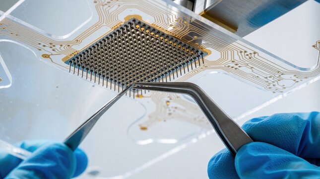 Technician uses tweezers to connect microelectrode array onto a flexible circuit board. Close up view shows precision work in cleanroom setting for advanced bio electronics research.