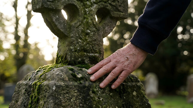 Hand touching an ancient moss covered Celtic cross stone gravestone in a cemetery