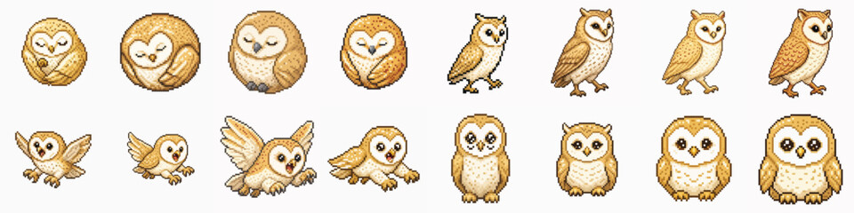 Fototapeta premium Set of cute pixel art barn owls in various poses