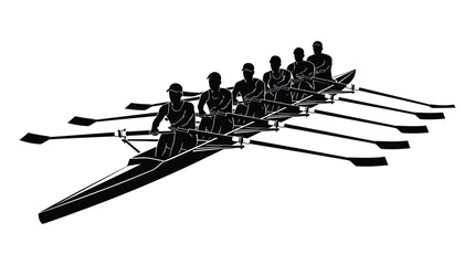 Rowing team silhouette on a white background depicts competitive watersport © Urmi512