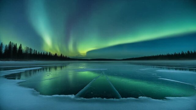 Mesmerizing green and turquoise auroras dance vibrantly across the vast arctic night sky, casting ethereal reflections upon the serene, partially frozen expanse of a remote northern lake during