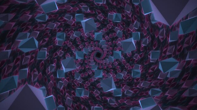 Abstract Crystal Tunnel Loop - Rotating Low Poly Geometric Background. Looping 3D Animation of Abstract Vortex Tunnel Made of Gemstone Crystals