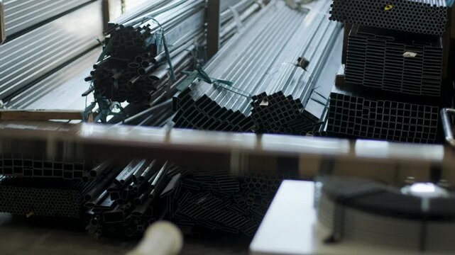 Bundles of various steel and aluminum metal pipes and profiles stacked on racks in an industrial warehouse setting with a blurred foreground.