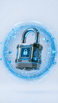 Metallic Cyber Security Padlock with Glowing Blue Shield Interface and Data Rings