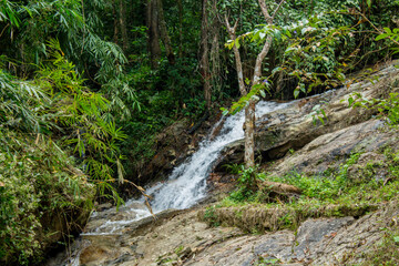 Tropical jungle waterfall in Thailand surrounded by lush green rainforest, moss-covered rocks, dense vegetation, and flowing water. The natural cascade creates a peaceful and refreshing scene © Yuliia