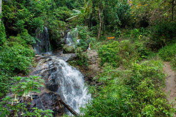 Tropical jungle waterfall in Thailand surrounded by lush green rainforest, moss-covered rocks, dense vegetation, and flowing water. The natural cascade creates a peaceful and refreshing scene © Yuliia