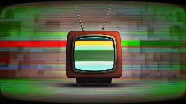 A vintage television set displays distorted signal interference, projecting colorful static and retro television broadcast problems with a nostalgic grainy visual effect
