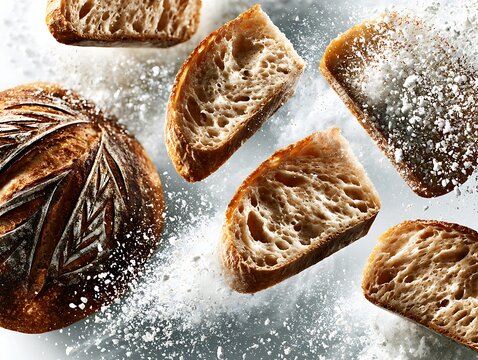 Freshly Baked Sourdough Bread Loaf and Slices Flying with Flour Dust Explosion