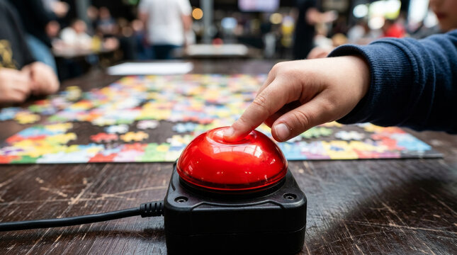 Child hand pressing red competition buzzer on wooden table during puzzle game event