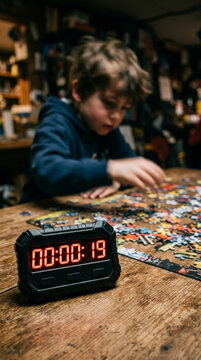 Child puzzle timer concentration game table indoor focus challenge fun boy wood hand learning