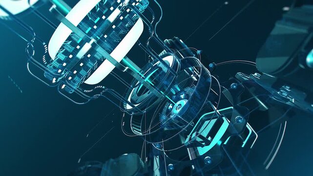 Futuristic blue sci-fi camera lens mechanism and transparent digital HUD hologram technology motion background