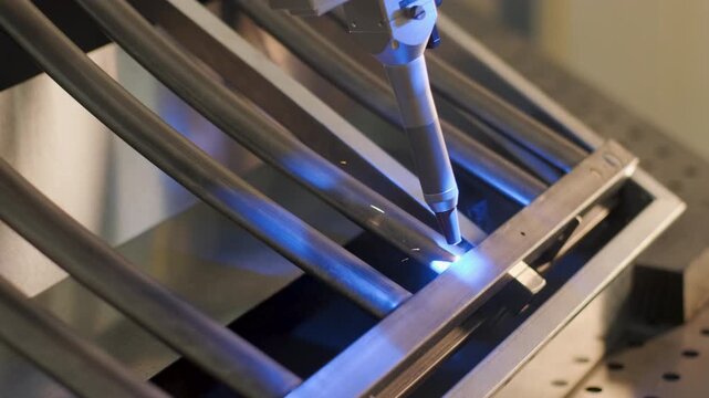 Automated CNC welding machine process, where a robotic nozzle joins metal tubes with a bright blue glow from the welding arc. Industrial metalworking, automation, and high-precision fabrication of ste