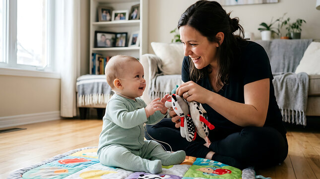 A loving mother smiles while playing with her baby wearing a medical nasal cannula on a colorful mat at home.