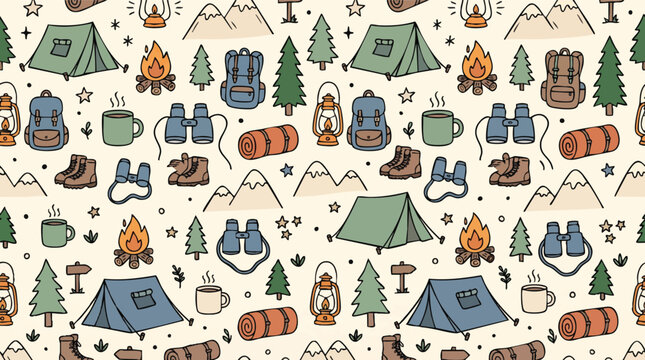 Seamless doodle camping pattern with tents, campfires, backpacks, and mountains background