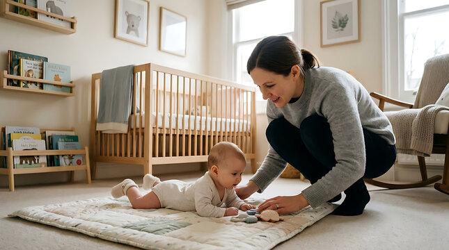 A loving young mother playing with her infant baby on a soft playmat during tummy time in a modern nursery.