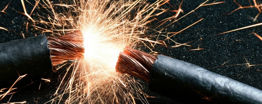 Electric sparks and glowing flash flying between cut copper wires on dark surface