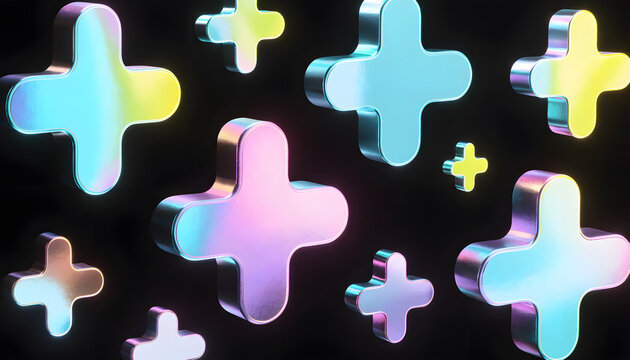 Floating iridescent cross symbols scattered in dark space. Health plus sign and positive growth. Metallic holographic plus shapes reflecting pastel rainbow colors on black background
