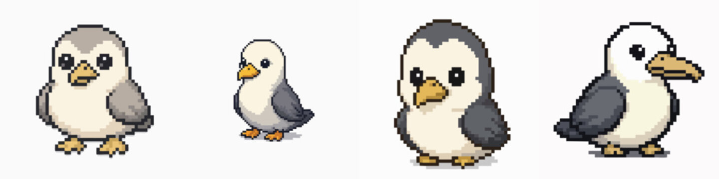 Set of four cute pixel art birds