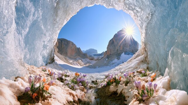 Ice cave opening revealing snowy mountain peaks bright sun and blooming spring flowers