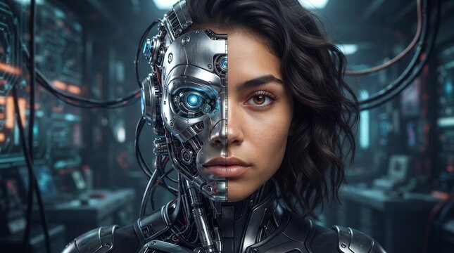 Futuristic cyborg woman with split face, cybernetic female android with robotic skull, artificial intelligence concept in high-tech laboratory