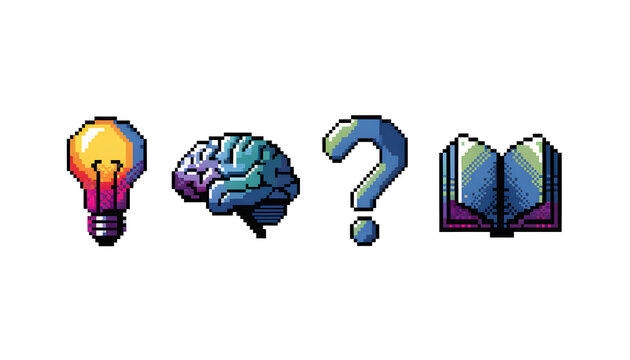 Pixel art knowledge and problem solving icon collection. Creative intellect and mental exploration. Pixel lightbulb human brain question symbol and open book symbols