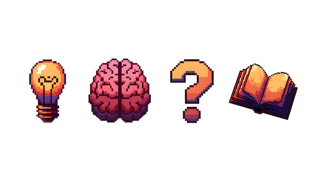 Creative thinking and education pixel art icons. Brainstorming idea generation and curiosity. Pixelated lightbulb human brain question mark and open book set