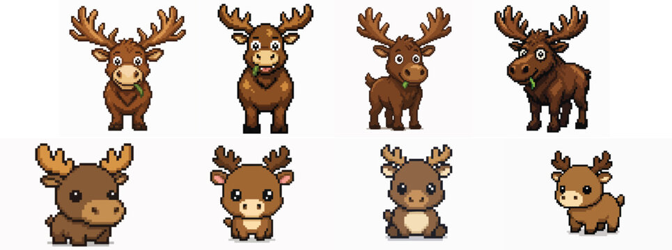 Set of cute pixel art moose characters in various poses and styles