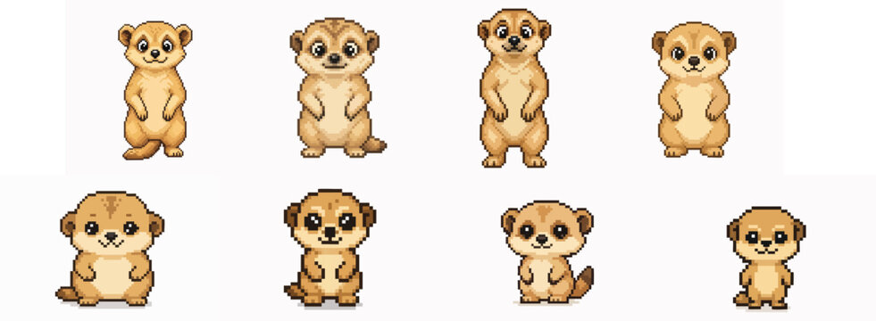 Set of cute meerkat characters in pixel art style