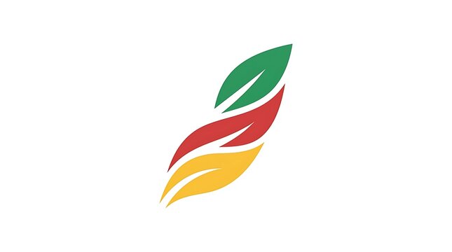 Abstract logo design featuring three colorful leaves in green red and yellow stacked vertically in a modern minimalist style suitable for eco friendly brands or natural product labels