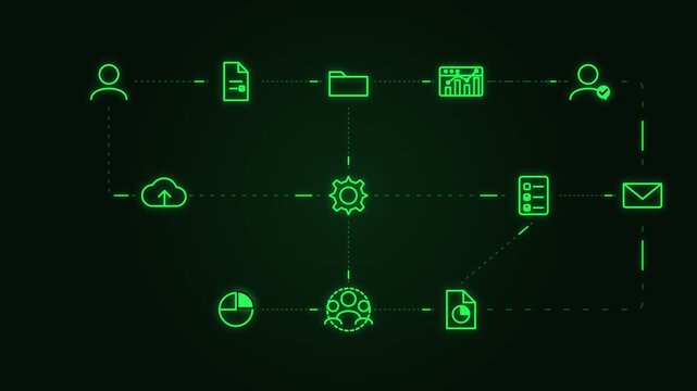 4k matrix green cyber business workflow blueprint data flow network animation abstract motion video