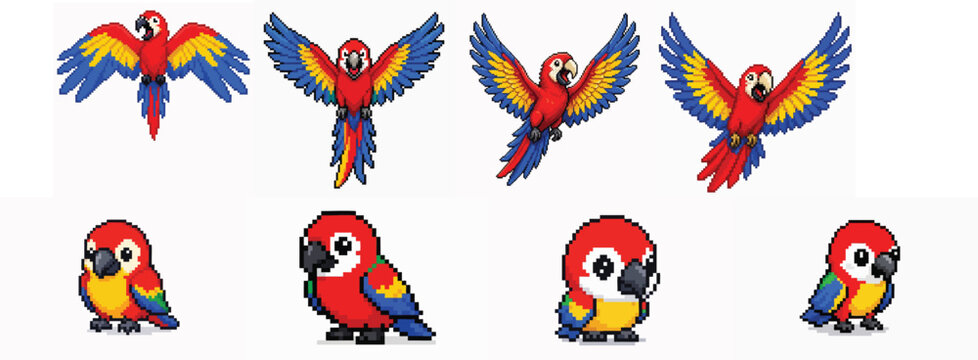 Set of cute pixel art parrots in various poses and styles