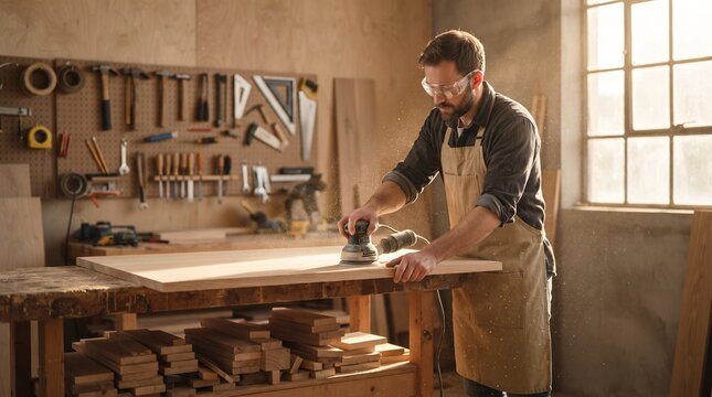 Carpenter sanding a timber panel in a woodworking workshop