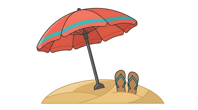 Red beach umbrella and a pair of flip flop sandals sitting on a patch of sand representing a relaxing summer vacation scene for travel and leisure holiday concepts during the hot season