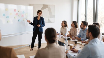 Fototapeta premium Facilitator presenting at a whiteboard during a team workshop