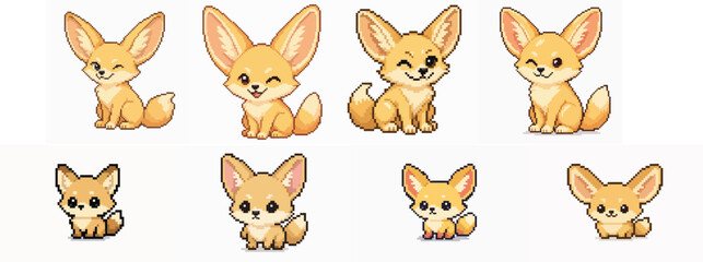 Obraz premium Set of cute fennec fox pixel art characters
