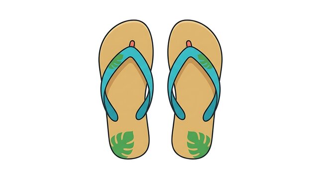 A pair of summer flip flop sandals with blue straps and green tropical leaf patterns for relaxing beach vacations and warm sunny holidays by the ocean water in a simple cartoon style