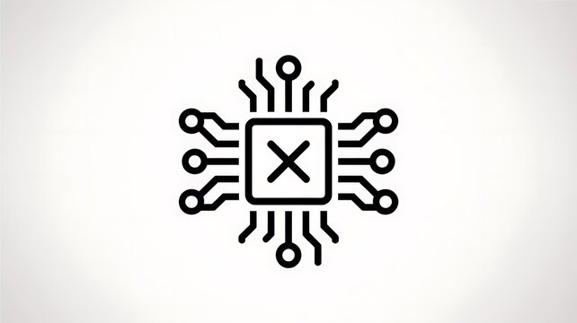 Black computer chip icon with an x symbol