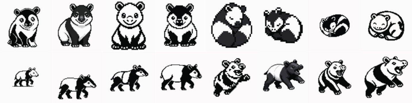 Set of pixel art tapir characters in various poses and life stages