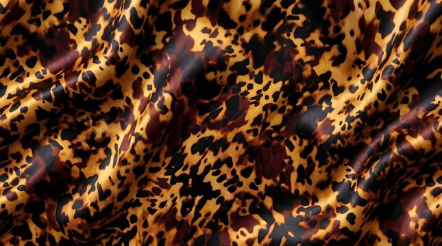 Abstract animal print silk fabric with flowing folds in rich brown and gold tones, featuring leopard spots and tortoise shell patterns for fashion design