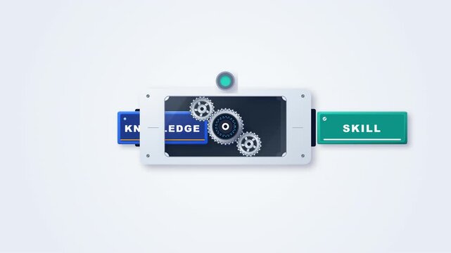 A premium educational concept showing knowledge entering a mechanical learning system and transforming into practical skill, symbolizing education, training, upskilling, and professional development 