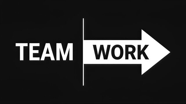 Teamwork text animation with white forward arrow on black background