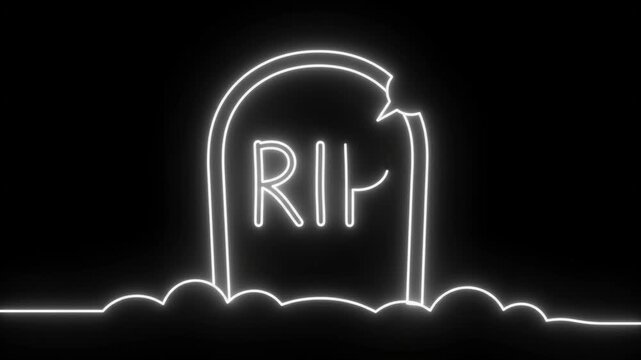 White neon line art drawing of a tombstone gravestone with rip