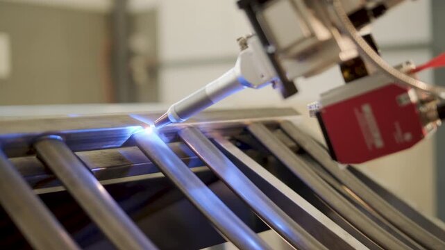 Automated CNC welding machine process, where a robotic nozzle joins metal tubes with a bright blue glow from the welding arc. Industrial metalworking, automation, and high-precision fabrication of ste