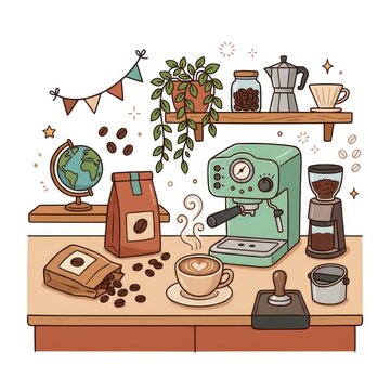 Cozy coffee shop corner illustration with espresso machine