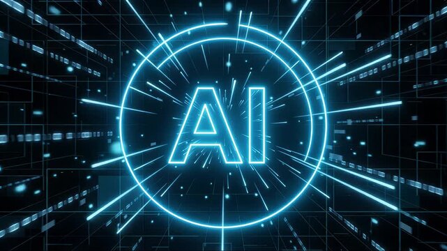 Artificial intelligence text symbol radiating blue light in cyberspace