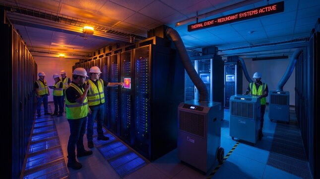 Professional technicians working in a modern server room data center facility.
