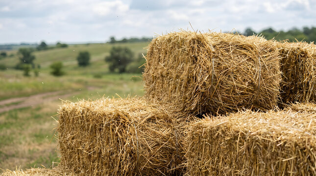 Stacked golden straw bales in a green harvested field under a cloudy sky during daytime
